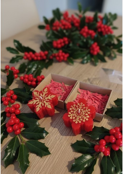 Yılbaşı Kırmızı Kar Tanesi Mum Seti, Hediye Kutulu 2 Li