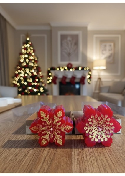 Yılbaşı Kırmızı Kar Tanesi Mum Seti, Hediye Kutulu 2 Li fiyatları