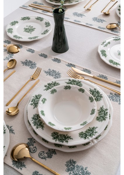 Vintage Flowers Green 48 Parça 12 Kişilik Porselen Yemek Takımı