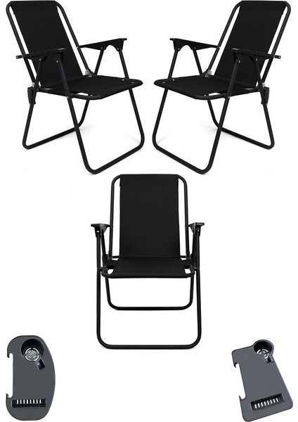 Litea 3 Adet Kamp Sandalyesi Katlanır Piknik Sandalye ve Bardaklık Siyah