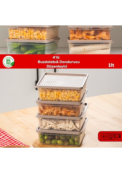 5306 4lü Buzdolabı ve Difriz Düzenleyici Saklama Kabı Seti - Bpa Içermez, Mikrodalga Uyumlu, Kapaklı, Gıda Saklama Kabı, Cappuccino, 1 Lt