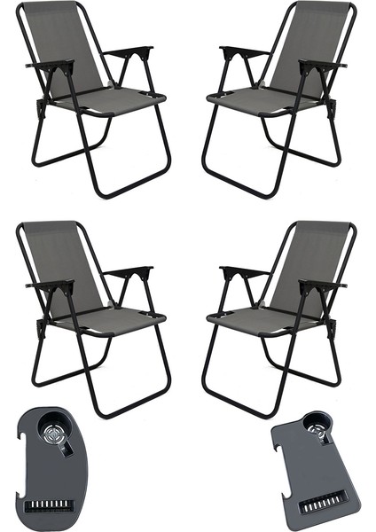 Litea 4 Adet Kamp Sandalyesi Katlanır Piknik Sandalye ve Bardaklık Gri