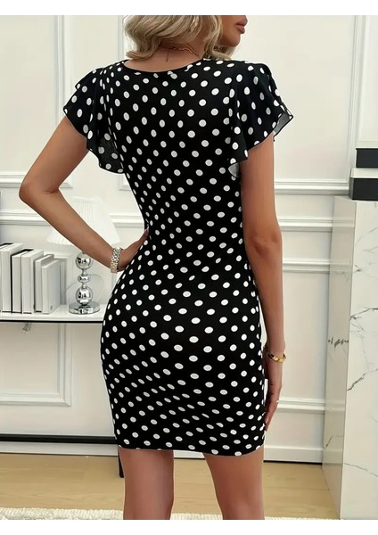 Kadın Kısa Kollu Kruvaze Yakalı Örme Puantiyeli Krep Elbise indirimleri