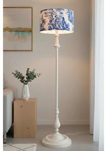 Vintage Mavi Tole De Jouy Bej Metal Ayak Lambader