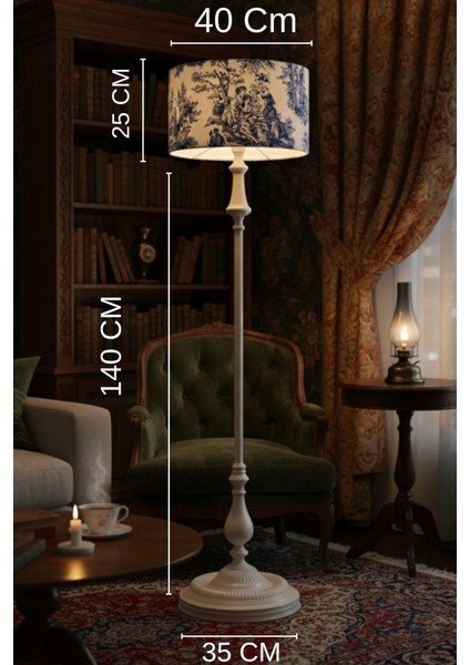 Vintage Mavi Tole De Jouy Bej Metal Ayak Lambader