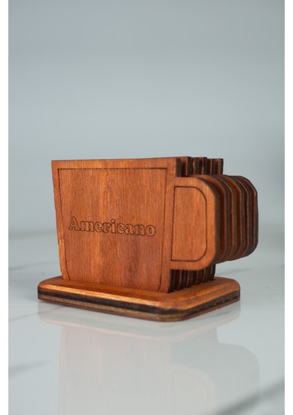 Kahve Isimli 6’lı Fincan Formu Ahşap Bardak Altlığı Seti – Standlı