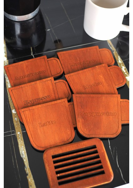 Kahve Isimli 6’lı Fincan Formu Ahşap Bardak Altlığı Seti – Standlı fiyatları