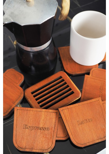 Kahve Isimli 6’lı Fincan Formu Ahşap Bardak Altlığı Seti – Standlı modelleri
