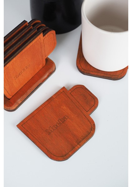 Kahve Isimli 6’lı Fincan Formu Ahşap Bardak Altlığı Seti – Standlı