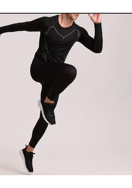 Erkek Fitness Seti Iki Parçalı Elastik Hızlı Kuruyan Uzun Kollu T-Shirt+ Tayt Pantalon , Erkek Spor Giyim
