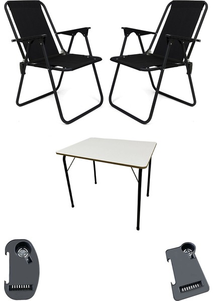 Litea 2 Adet Kamp Sandalyesi Katlanır Piknik Sandalye ve Bardaklık Siyah + Katlanır Mdf Masa