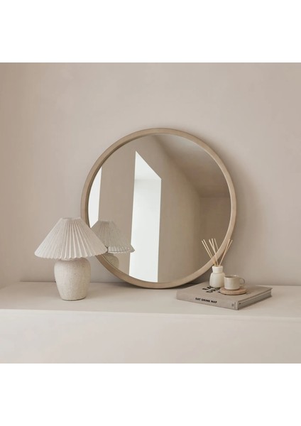 Ekru Ahşap Yuvarlak Ahşap Duvar Aynası 70CM x 70CM
