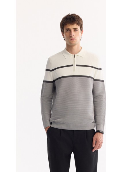Erkek Gri Polo Yaka Fermuarlı Çizgili Triko Regular Fit Kazak A52Y5091