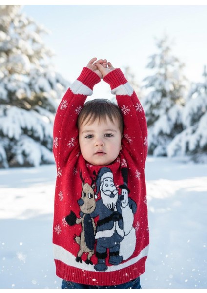 Yılbaşı Geyik Noel Baba ve Kardan Adam Desenli Kırmızı Çocuk Triko Kazak