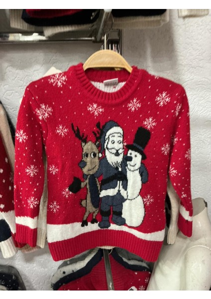 Yılbaşı Geyik Noel Baba ve Kardan Adam Desenli Kırmızı Çocuk Triko Kazak fiyatları
