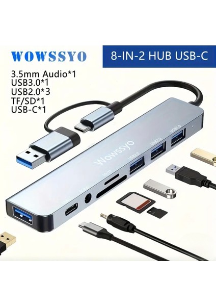 8'in 2'si Usb 3.0/Usb 2.0/Type-C/3.5mm/Tf-Sd Kart/ Çoğaltıcı Hub Çoklayıcı Ce Sertifikalı Lisanslı 8 Port Hızlı Sağlam Metal Orjinal