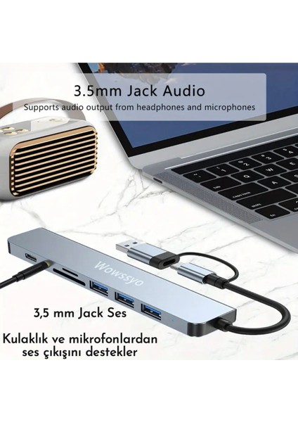 8'in 2'si Usb 3.0/Usb 2.0/Type-C/3.5mm/Tf-Sd Kart/ Çoğaltıcı Hub Çoklayıcı Ce Sertifikalı Lisanslı 8 Port Hızlı Sağlam Metal Orjinal fiyatları