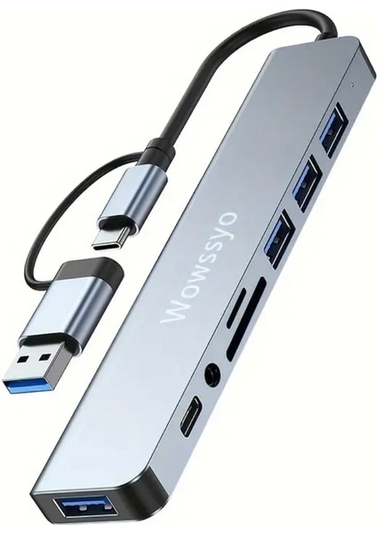 8'in 2'si Usb 3.0/Usb 2.0/Type-C/3.5mm/Tf-Sd Kart/ Çoğaltıcı Hub Çoklayıcı Ce Sertifikalı Lisanslı 8 Port Hızlı Sağlam Metal Orjinal modelleri