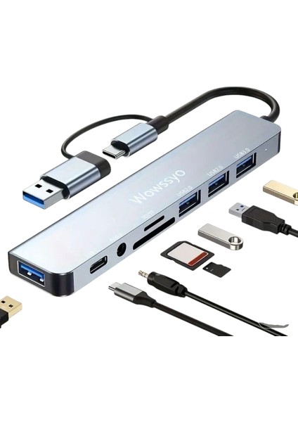 8'in 2'si Usb 3.0/Usb 2.0/Type-C/3.5mm/Tf-Sd Kart/ Çoğaltıcı Hub Çoklayıcı Ce Sertifikalı Lisanslı 8 Port Hızlı Sağlam Metal Orjinal fırsatları