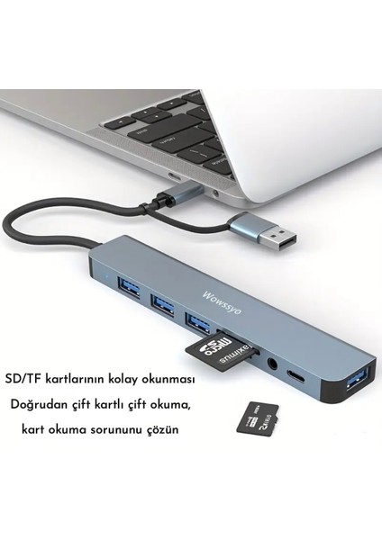 8'in 2'si Usb 3.0/Usb 2.0/Type-C/3.5mm/Tf-Sd Kart/ Çoğaltıcı Hub Çoklayıcı Ce Sertifikalı Lisanslı 8 Port Hızlı Sağlam Metal Orjinal
