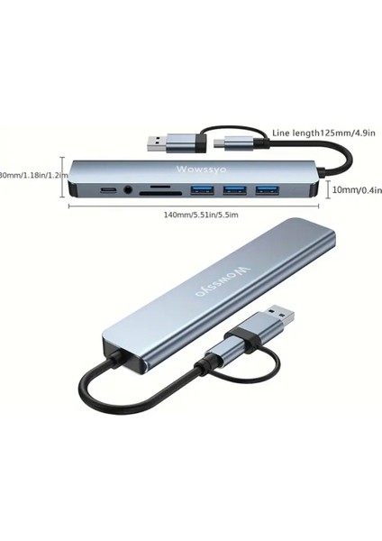 8'in 2'si Usb 3.0/Usb 2.0/Type-C/3.5mm/Tf-Sd Kart/ Çoğaltıcı Hub Çoklayıcı Ce Sertifikalı Lisanslı 8 Port Hızlı Sağlam Metal Orjinal