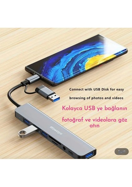8'in 2'si Usb 3.0/Usb 2.0/Type-C/3.5mm/Tf-Sd Kart/ Çoğaltıcı Hub Çoklayıcı Ce Sertifikalı Lisanslı 8 Port Hızlı Sağlam Metal Orjinal