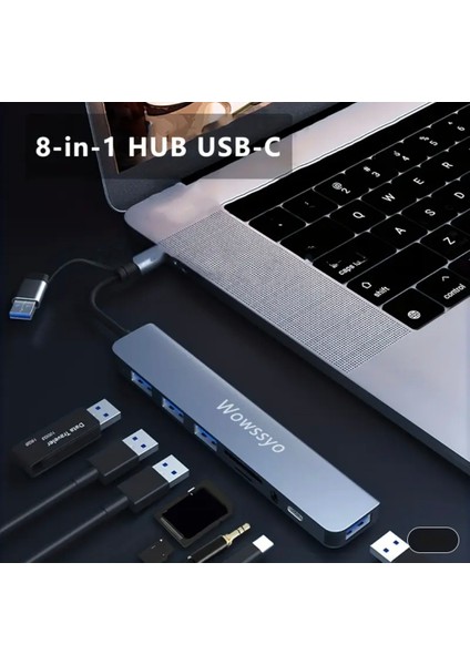 8'in 2'si Usb 3.0/Usb 2.0/Type-C/3.5mm/Tf-Sd Kart/ Çoğaltıcı Hub Çoklayıcı Ce Sertifikalı Lisanslı 8 Port Hızlı Sağlam Metal Orjinal