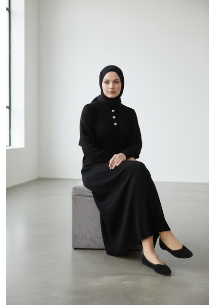 Kadın Merserize Kumaş Düğme Aksesuarlı Triko Elbise - MDS005555ELBS