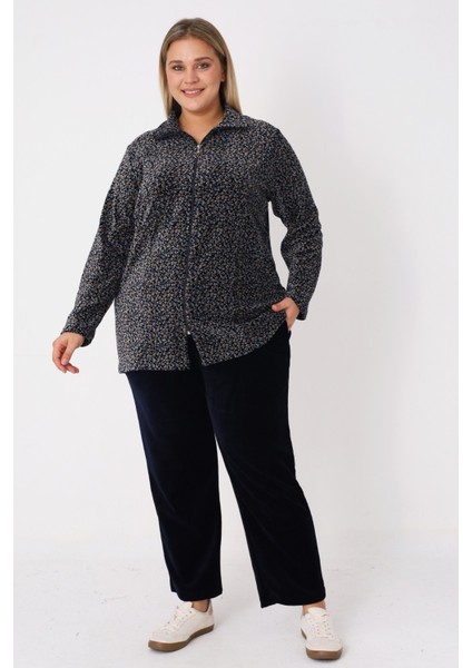 Çiçek Desenli Pamuklu Kadife Balıkçı Yaka Kadın Büyük Beden Eşofman Takımı