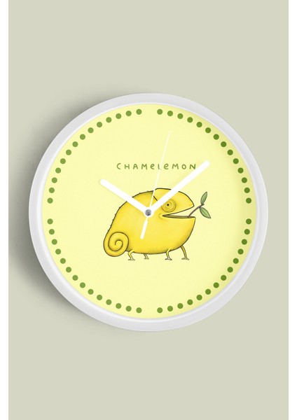 Sevimli Limon Bukalemun Modern Duvar Saati - 30CM - Önü Camlı Beyaz Kasa - Sessiz Mekanizma