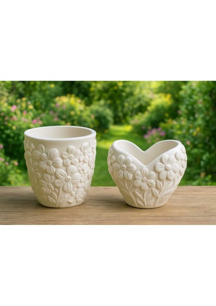 2'li El Yapımı Çiçek Tasarımlı Saksılık - Handmade Taş Tozu Sukulent Mumluk Dekoratif Biblo 8 cm