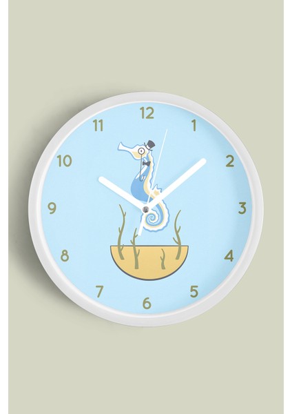 Sevimli Denizatı Modern Çocuk Odası Duvar Saati - 30CM - Önü Camlı Beyaz Kasa - Sessiz Mekanizma