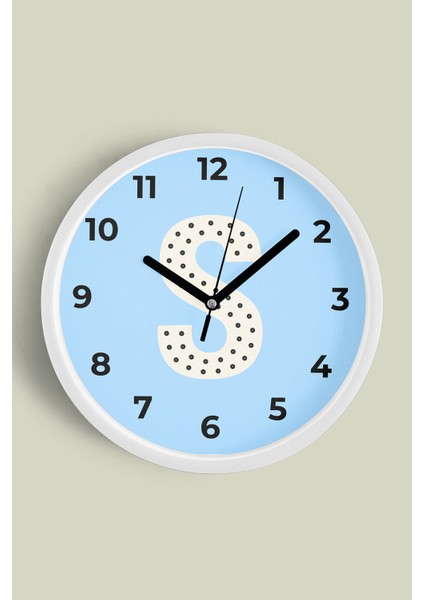 S Harfi Erkek Odası Duvar Saati - 30CM - Önü Camlı Beyaz Kasa - Sessiz Mekanizma