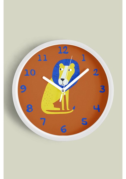 Aslan Tasarımlı Çocuk Odası Duvar Saati - 30CM - Önü Camlı Beyaz Kasa - Sessiz Mekanizma