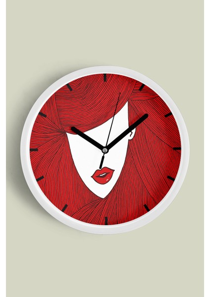 Kırmızı Saç Modern Duvar Saati - 30CM - Önü Camlı Beyaz Kasa - Sessiz Mekanizma