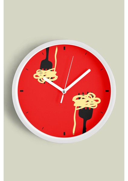 Spagetti Makarna Tasarım Mutfak Duvar Saati - 30CM - Önü Camlı Beyaz Kasa - Sessiz Mekanizma