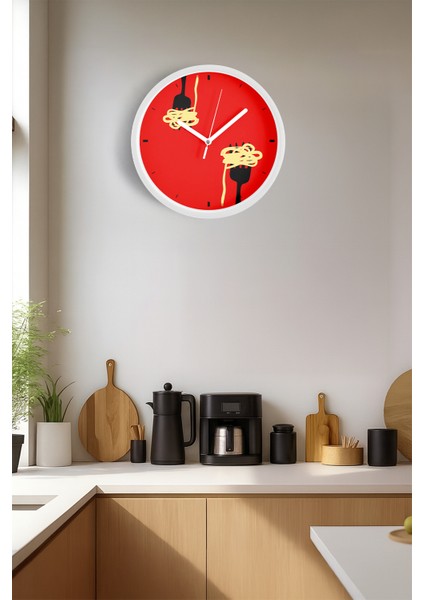 Spagetti Makarna Tasarım Mutfak Duvar Saati - 30CM - Önü Camlı Beyaz Kasa - Sessiz Mekanizma fiyatları