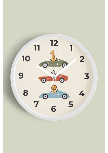 Sevimli Arabalı Hayvanlar Çocuk Odası Duvar Saati - 30CM - Önü Camlı Beyaz Kasa - Sessiz Mekanizma