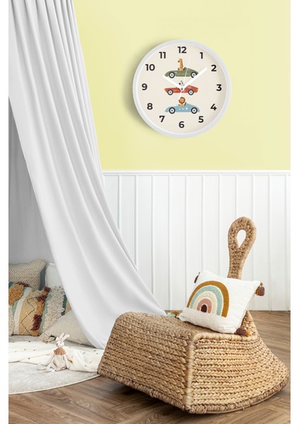Sevimli Arabalı Hayvanlar Çocuk Odası Duvar Saati - 30CM - Önü Camlı Beyaz Kasa - Sessiz Mekanizma fiyatları