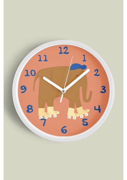 Paten Kayan Sevimli Fil Çocuk Odası Duvar Saati - 30CM - Önü Camlı Beyaz Kasa - Sessiz Mekanizma