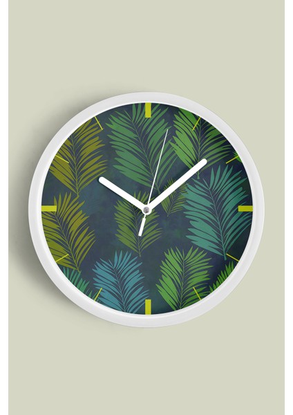 Tropikal Yaprak Desenli Modern Duvar Saati - 30CM - Önü Camlı Beyaz Kasa - Sessiz Mekanizma