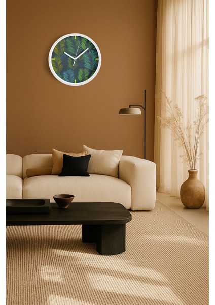 Tropikal Yaprak Desenli Modern Duvar Saati - 30CM - Önü Camlı Beyaz Kasa - Sessiz Mekanizma fiyatları