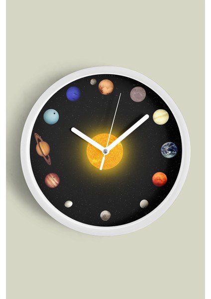 Güneş ve Gezegenler Modern Tasarım Duvar Saati - 30CM - Önü Camlı Beyaz Kasa - Sessiz Mekanizma
