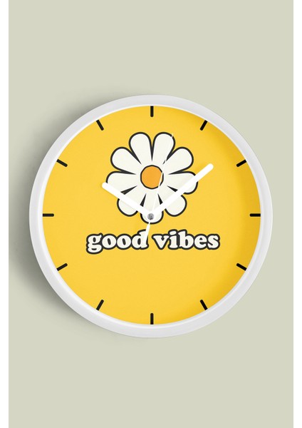Modern Yazılı Papatya Tasarım - '' Good Vibes '' Duvar Saati - 30CM - Önü Camlı Beyaz Kasa