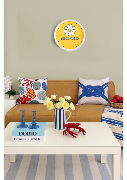 Modern Yazılı Papatya Tasarım - '' Good Vibes '' Duvar Saati - 30CM - Önü Camlı Beyaz Kasa fiyatları