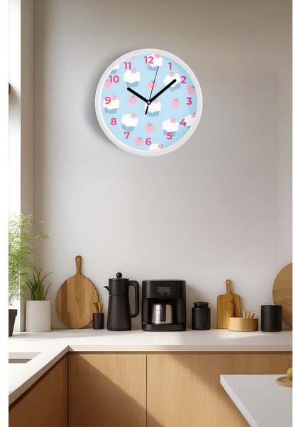 Çilekli Cupcake Desenli Mutfak Duvar Saati - 30CM - Önü Camlı Beyaz Kasa - Sessiz Mekanizma fiyatları