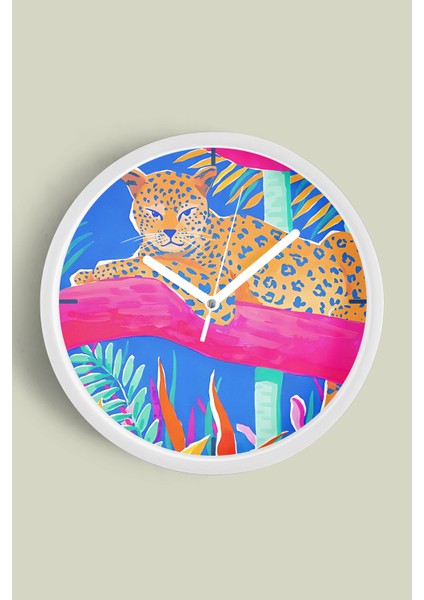 Tropikal Kaplan Temalı Modern Duvar Saati - 30CM - Önü Camlı Beyaz Kasa - Sessiz Mekanizma