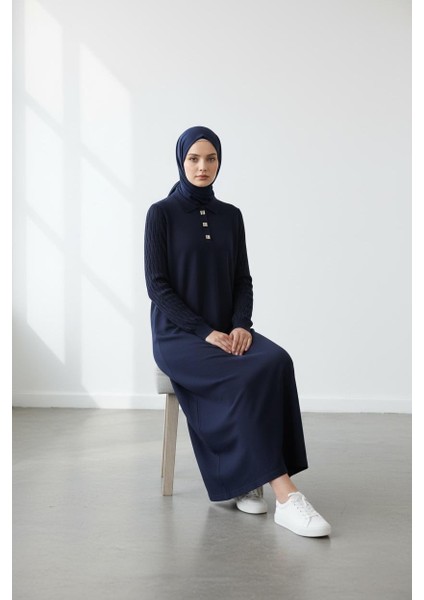 Kadın Merserize Kumaş Düğme Aksesuarlı Triko Elbise - MDS005555ELBS