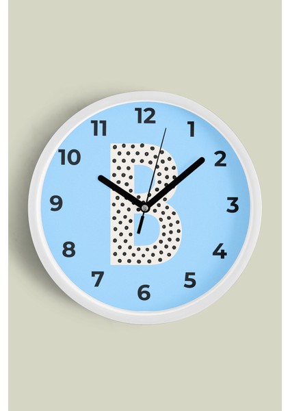 B Harfi Erkek Odası Duvar Saati - 30CM - Önü Camlı Beyaz Kasa - Sessiz Mekanizma