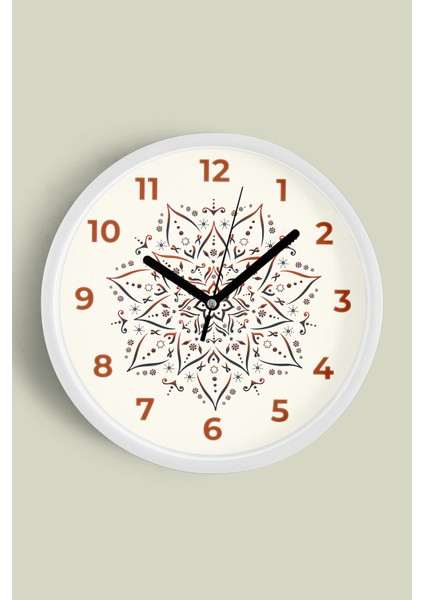 Mandala Tarzı Çiçek Çizimi Modern Duvar Saati - 30CM - Önü Camlı Beyaz Kasa - Sessiz Mekanizma